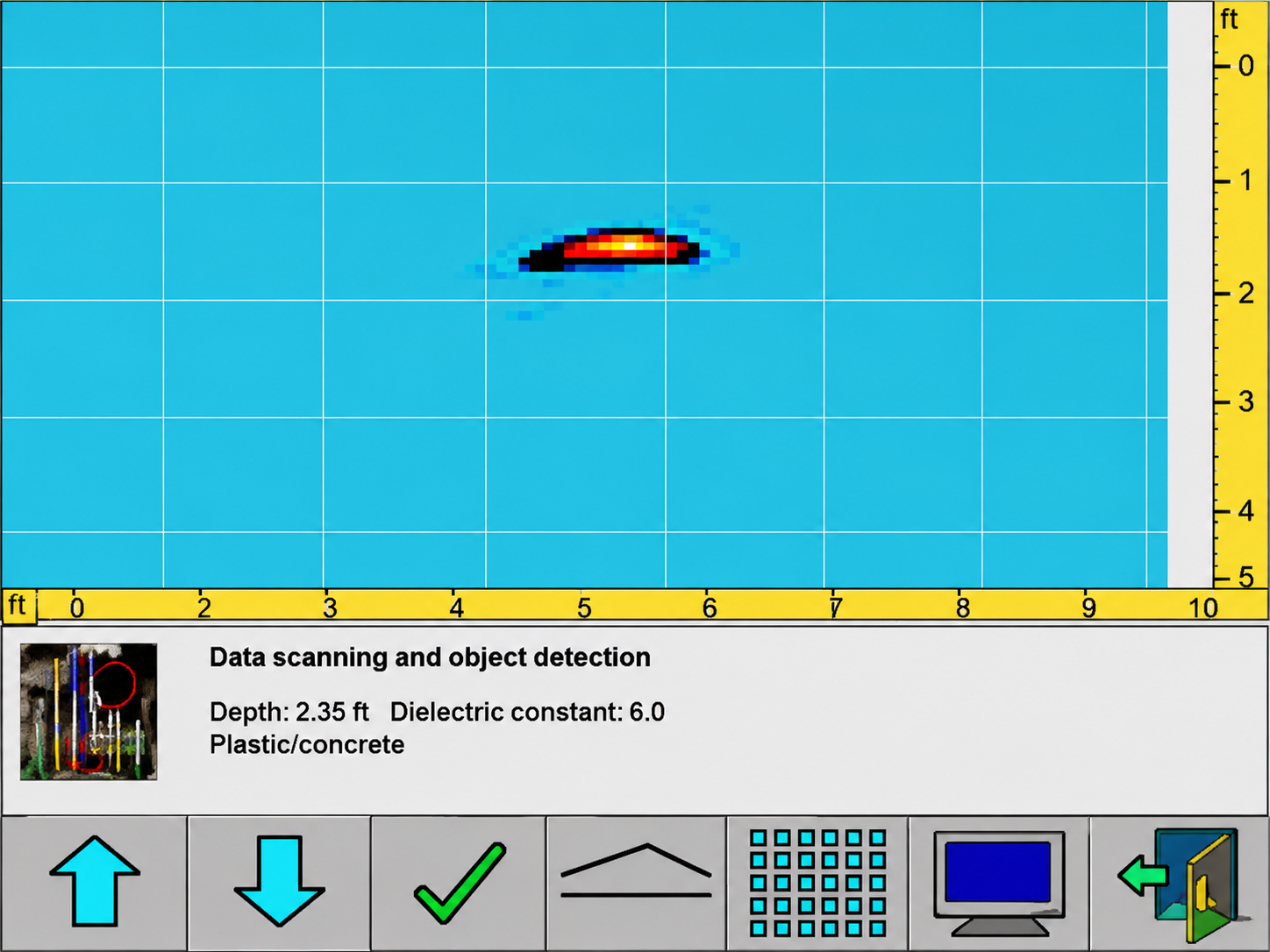 e-Spade Lite Immediate Mark Out interface showing processed target position and depth information